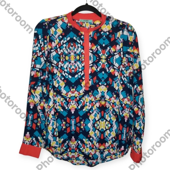 Karlie Geometric Print Blouse Multicolor Long Sleeves Zip Front Wmn's Size S - Picture 1 of 5